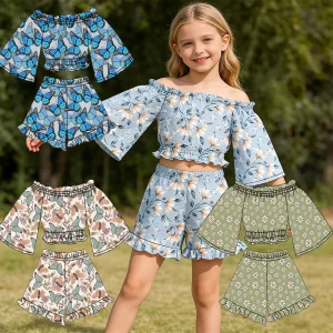 2026 Best-selling Girls' Summer Lace Stretch Design Set with Customized Butterfly Pattern - Comfortable Girls' Clothing