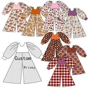 New Arrival Custom Fall Season Girl Clothing Halloween Pumpkin Printed One Piece Long Sleeve Wide Leg Jumpsuit