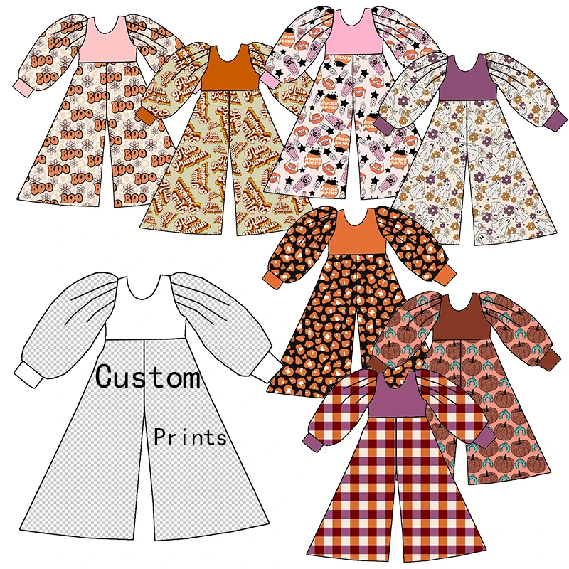 New Arrival Custom Fall Season Girl Clothing Halloween Pumpkin Printed One Piece Long Sleeve Wide Leg Jumpsuit