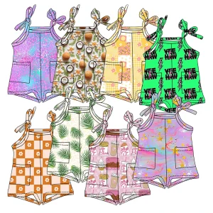 Wholesale Children Clothing Lovely Design Custom Print One Piece Short Tie up Pockets Toddler Romper