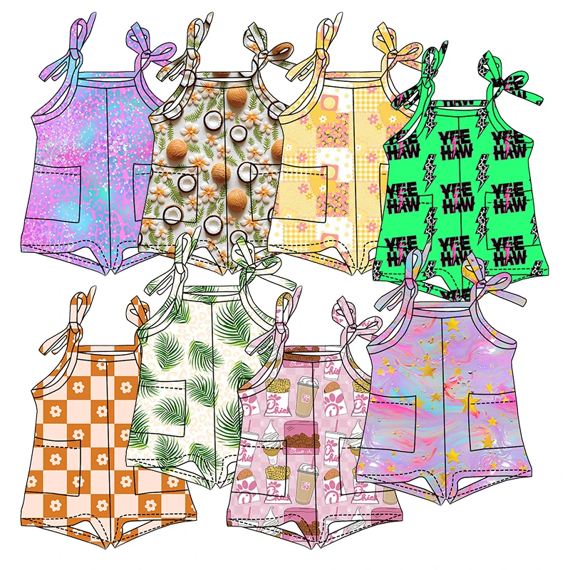Wholesale Children Clothing Lovely Design Custom Print One Piece Short Tie up Pockets Toddler Romper