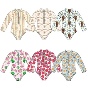 New Arrival Summer Baby Girls Swimsuit Custom Long Sleeve Bathing Suit With Zipper Kids Girls One-Piece Swimming Wear