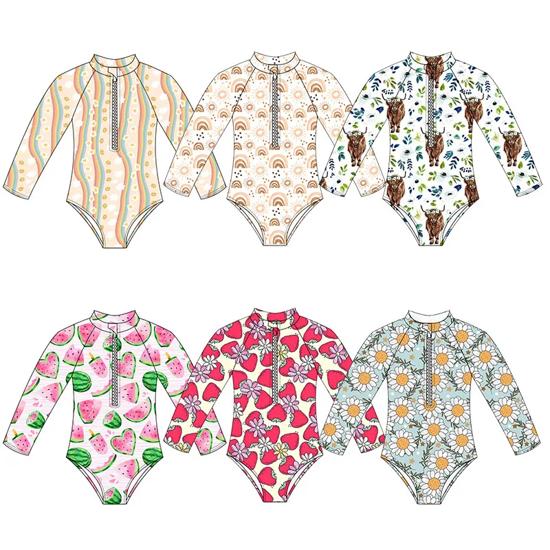 New Arrival Summer Baby Girls Swimsuit Custom Long Sleeve Bathing Suit With Zipper Kids Girls One-Piece Swimming Wear