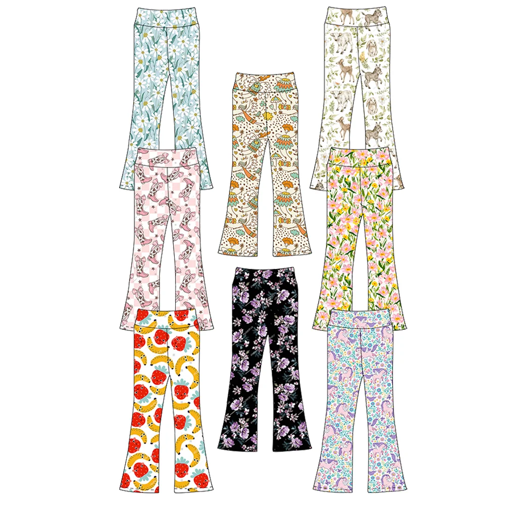 2026 New Arrival Girls Elastic High - Waisted Custom Printing Flare Pants Kids Casual Sporty Stylish Bell Bottoms for Daily Wear