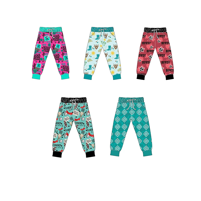 Autumn Children's Casual Sport Pants Boys Girls Western Print with Solid Pattern Soft Kids Long Pants with Custom Print Pockets
