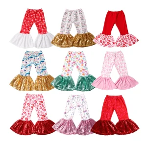 Wholesale Kids Custom Valentine's Day Printings Children Clothes Baby Sequin Bells Ruffle Pants Comfortable Pants