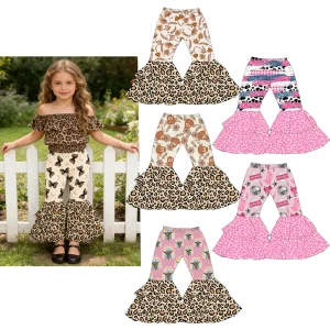 OEM&ODM Toddler Girls Adorable Leopard Patchwork Bell Bottoms Double Ruffle Flare Pants High Quality Kids Stylish Daily Pants