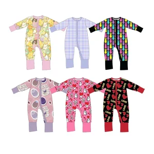 Hot Sale Easter Day Soft Bamboo Fabric Long Sleeves Baby Girls Zippy Pajamas Cover Hand and Feet Romper