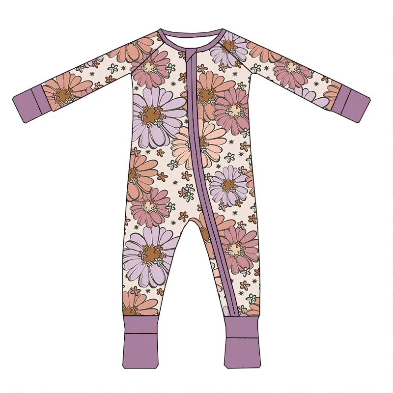 Hot Sale Custom Print Bamboo Fabric Long Sleeves Baby Girls Zippy Pajamas Romper - Image 2