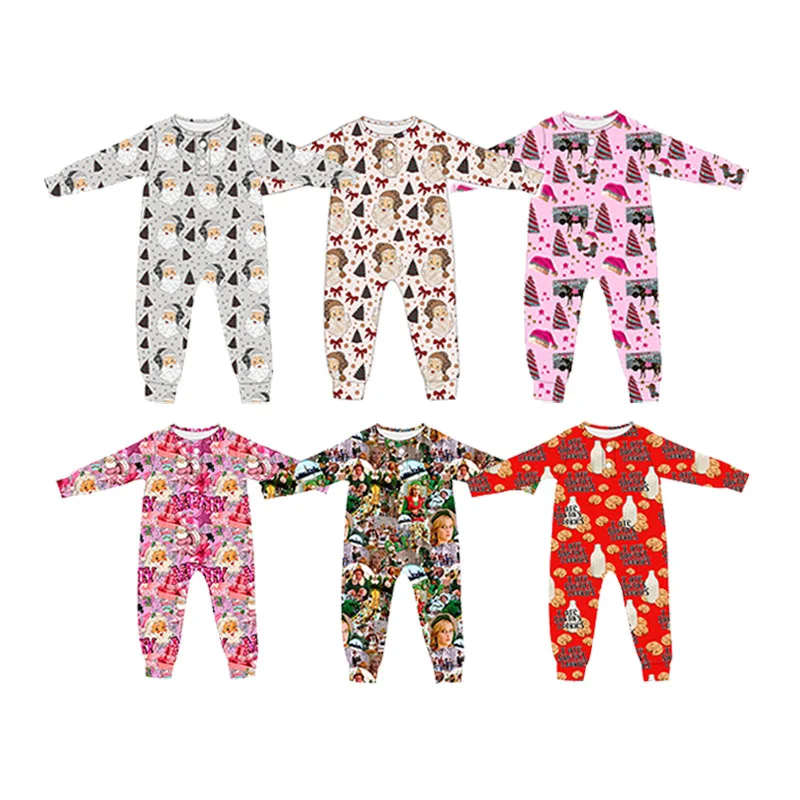 Best Selling Newborn Toddlers Long Sleeve Romper Snap Button Design Custom Christmas Print Baby Clothes Breathable Jumpsuit