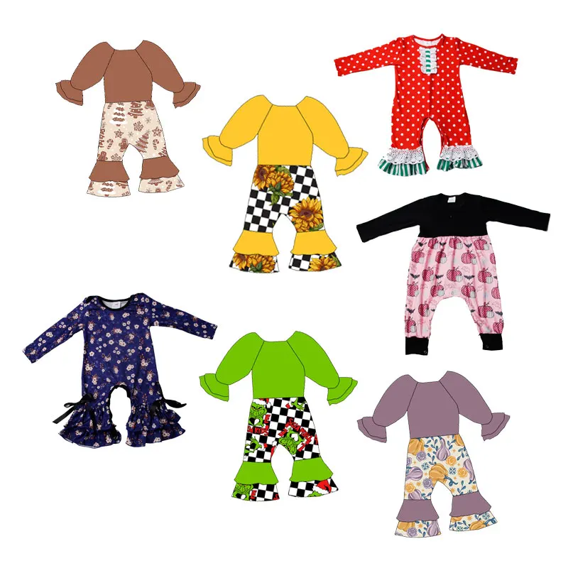 Fall Kid Clothes Milk Silk Fabric Long Sleeve Round Collar Girl Clothing Custom Print Jumpsuit