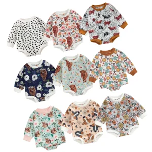 Custom Loose Style Newborn Baby One Piece Romper Long Sleeve Solid Cuff Round Neck Autumn Girl Leotard