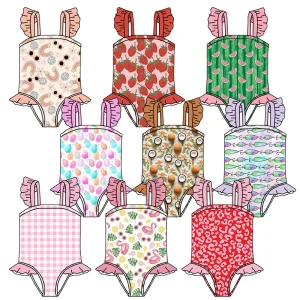 Trendy 2026 Newest Kids Clothing Custom Printing Lovely Ruffle Frill Sleeve Children Bathing Suit Girls One Piece Swimwear