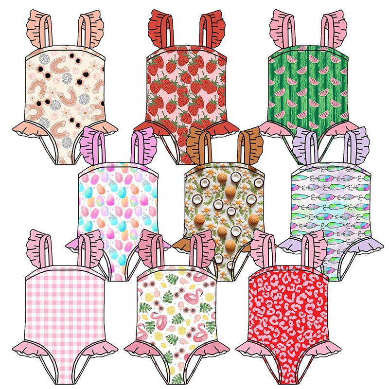 Trendy 2026 Newest Kids Clothing Custom Printing Lovely Ruffle Frill Sleeve Children Bathing Suit Girls One Piece Swimwear
