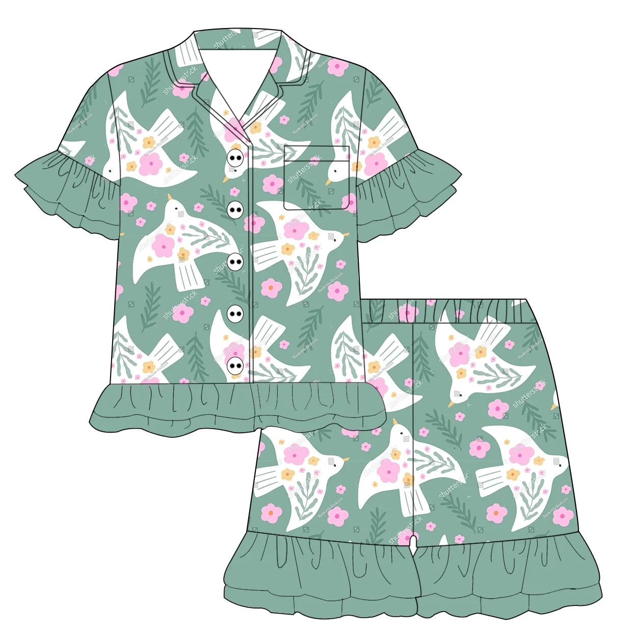 Hot Sale Little Girls Tiered Ruffled Pajama Set Button-Front Short Sleeve Top & Shorts Soft High Quality Baby Girls Sleepwear - Image 5