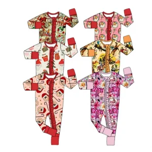 Hot Sell Infant Christmas Romper Custom Ruffles Design Baby Girl Winter Fold Hand and Feet Long Sleeve Zipper Lovely Sleepwear