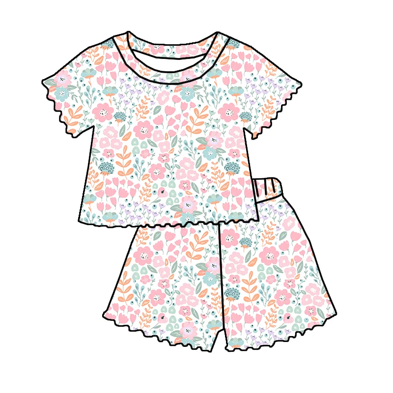 New Arrival Kids Clothing Custom Printing Crop Length Shirt Matching Lettuce Edge Shorts Girls Summer Clothes Sets - Image 4
