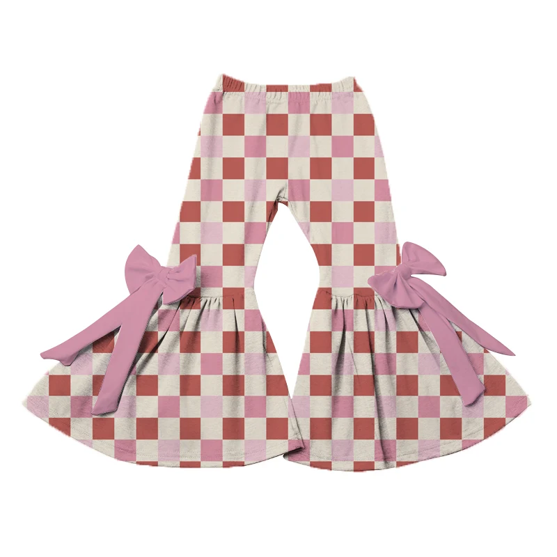 Fashion Baby Girls Bells Children Long Pants Checkered Printings with Two Bows Flare Pants Kids Bell Bottom - Image 3
