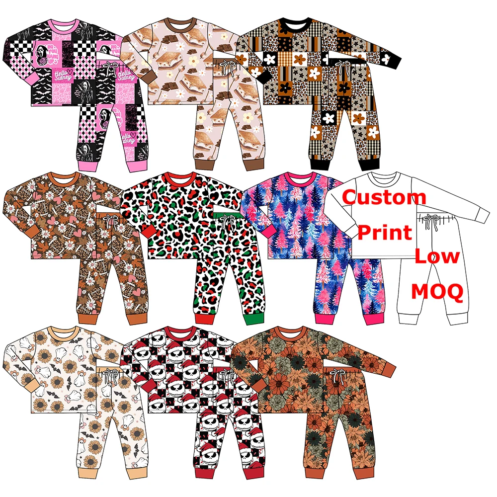 Hot Sale Autumn Halloween Christmas Print Kids Girl Boy Long Sleeve Pajamas 2 PCS Milk Silk Baby Sleep Wear Outfits