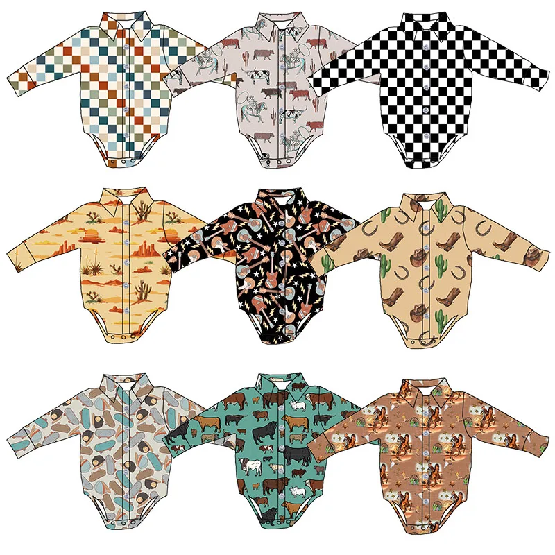New Design Baby Rompers Long Sleeve Button up Romper Western Custom Print Toddler Boys Leotards