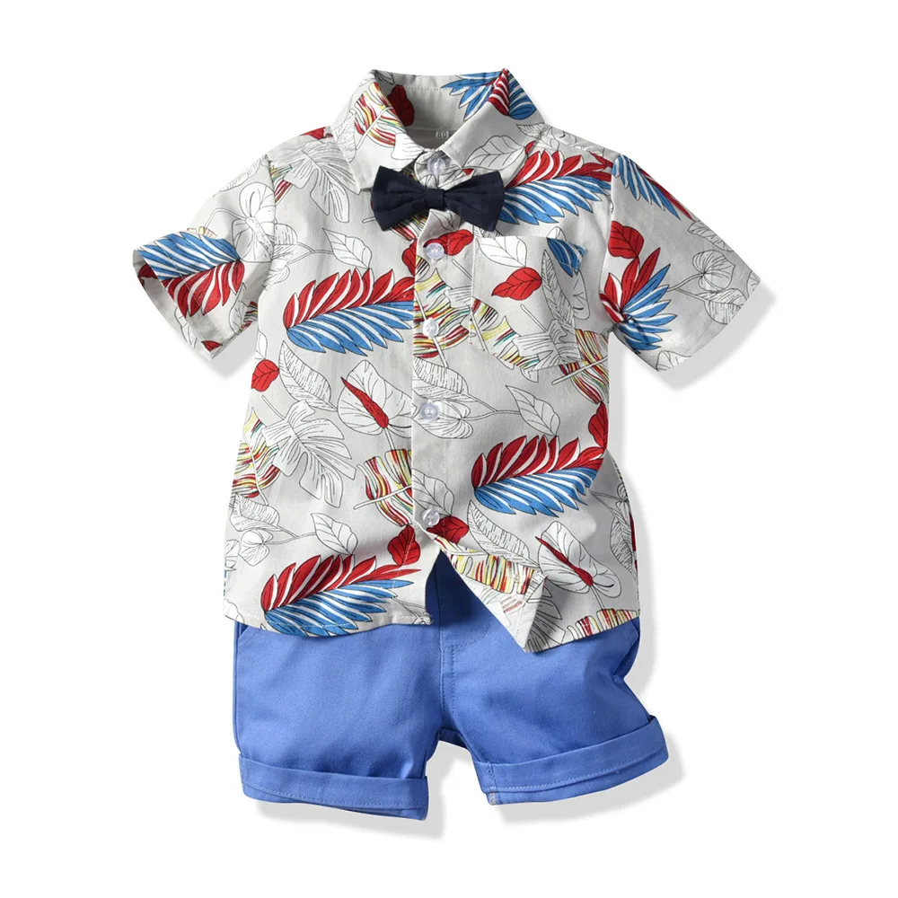 Western Children Clothing Two Piece Boy Clothes Flower Shirt Fashion Bow Tie Shorts With Pockets - Image 3