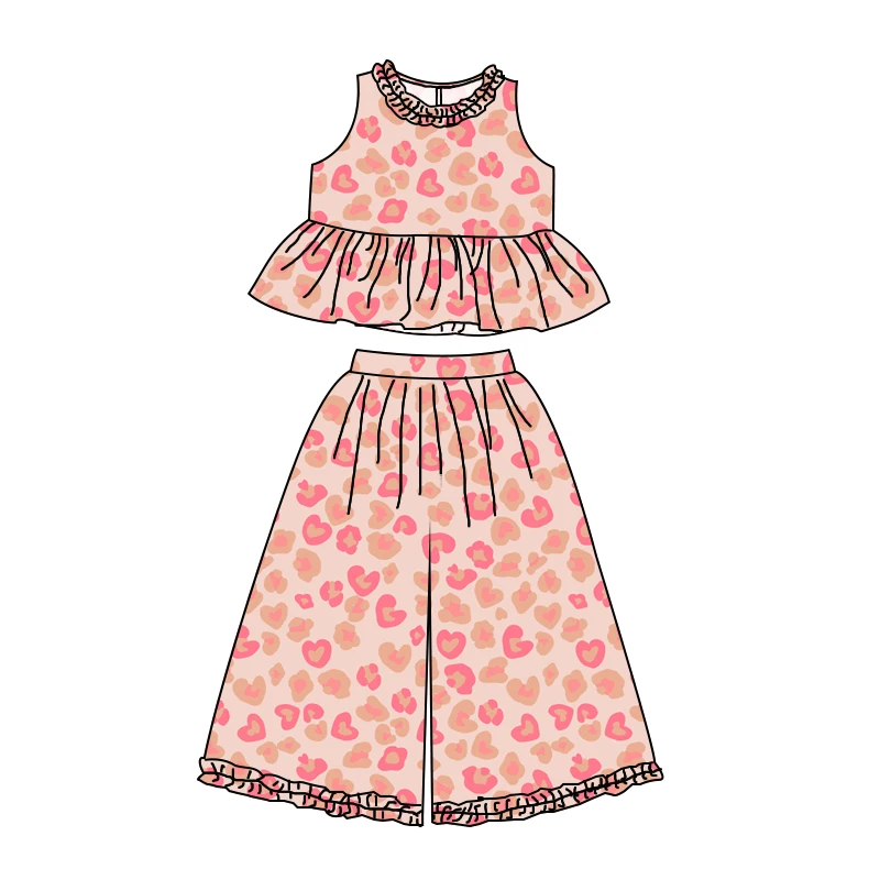 High-quality Summer Girl Sleeveless Peplum Top with Long Wide-leg Pants Set Custom Printed Children's Clothing - Image 6
