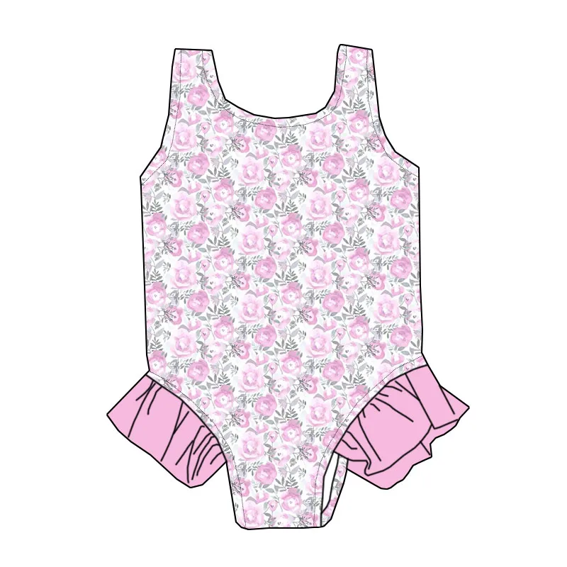 Factory Wholesale Custom Summer Girls' Swimwear Floral Pattern Sleeveless Lace Children's Beach Swimwear One-piece Swimwear - Image 5