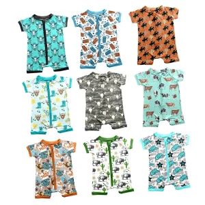 New Arrival Boy Romper With Zipper Short Sleeve Short Pants Western Pattern Bamboo Fabric Summer Newborn Baby Pajamas