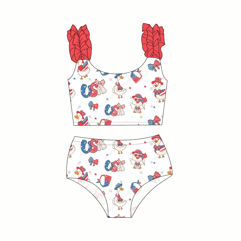New Arrival Kids Baby Two-Piece Swim Set Custom 4th of July Printing Summer Bathing Swimsuit with Ruffles - Image 4