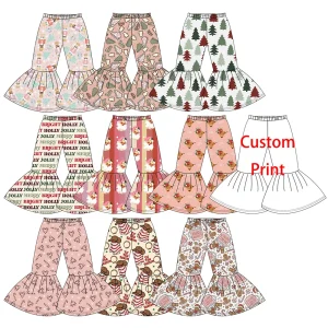 Christmas Custom Print Milk Silk Fabric Winter Girl Bell Bottom 0-16 Years Old Plus Size Big Bell Kids Flared Pants