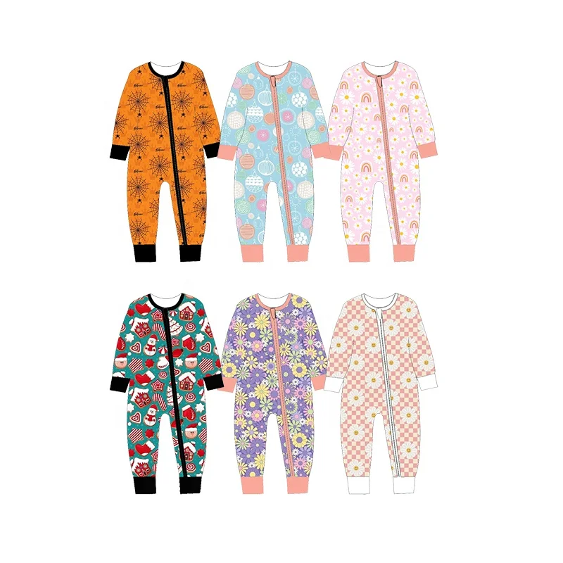 Custom Newborn Baby Boutique Kids Girls Clothing Bamboo Zipper Romper Jumpsuit Pajamas Sleepwear