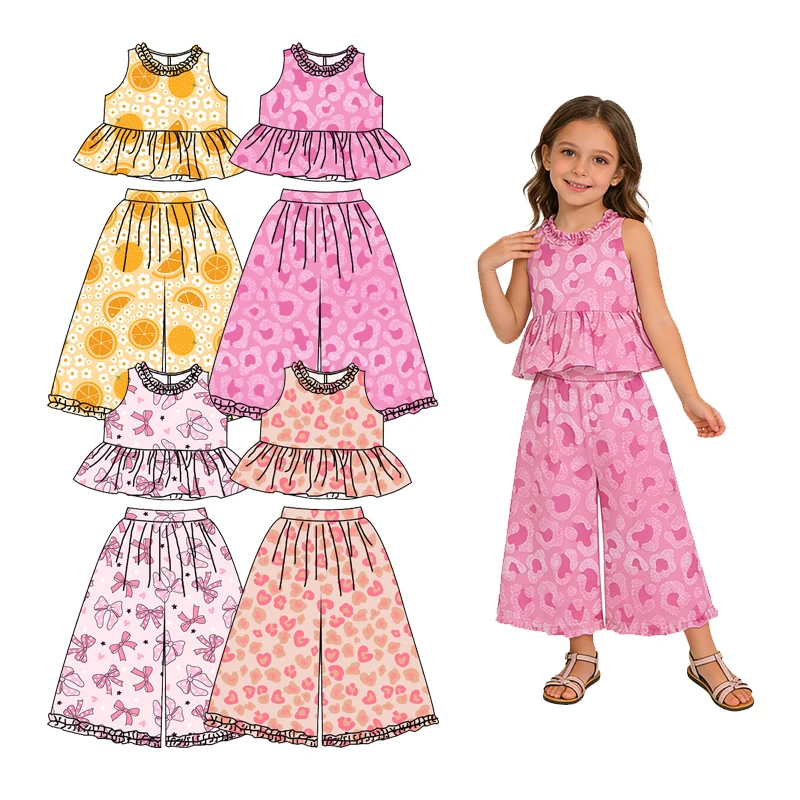 High-quality Summer Girl Sleeveless Peplum Top with Long Wide-leg Pants Set Custom Printed Children's Clothing
