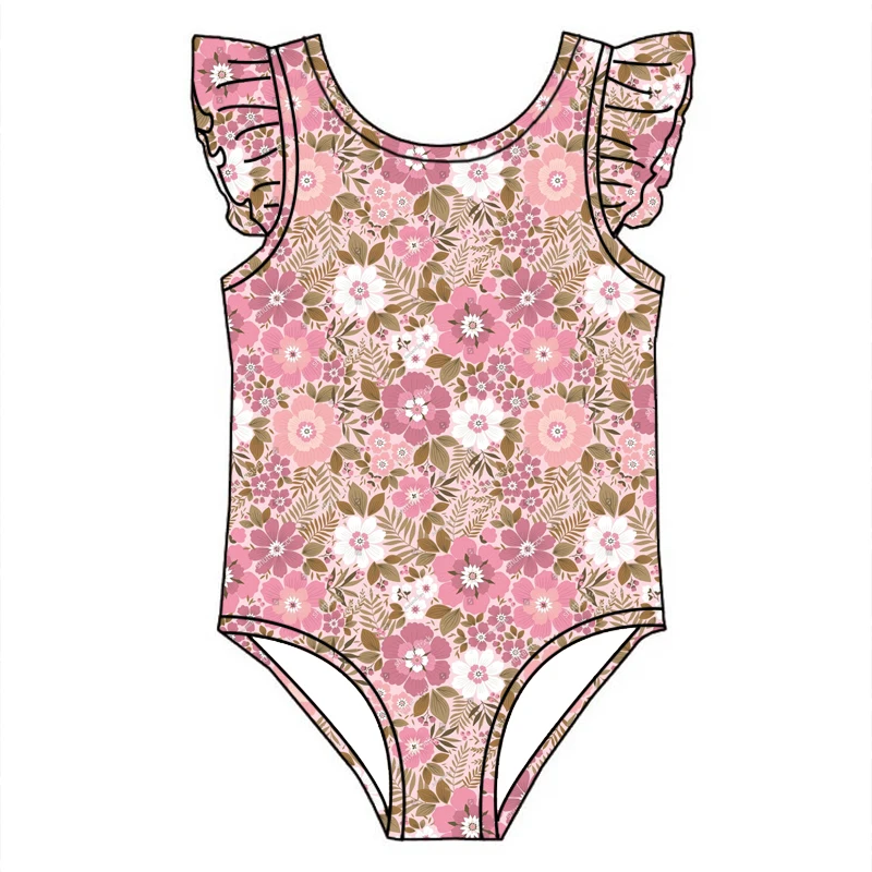 Hot Selling Kids One Piece Swimsuit Custom Floral Printing Summer Bathing Swimsuit with Ruffles - Image 2