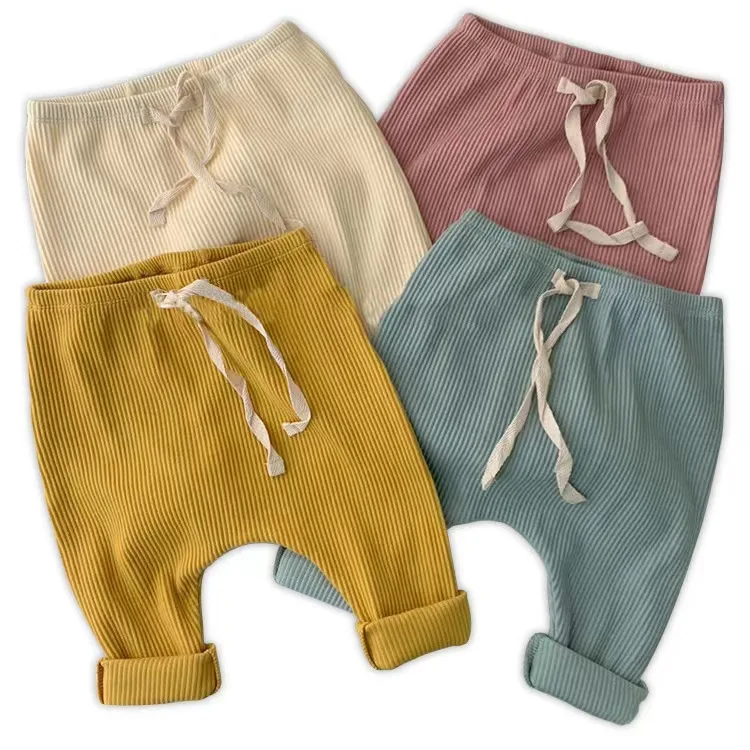 Newborn Infant Cheap Fashion Rib Knit Long Leggings Baby Custom Elastic Comfortable Trousers White String Plain Children Pants