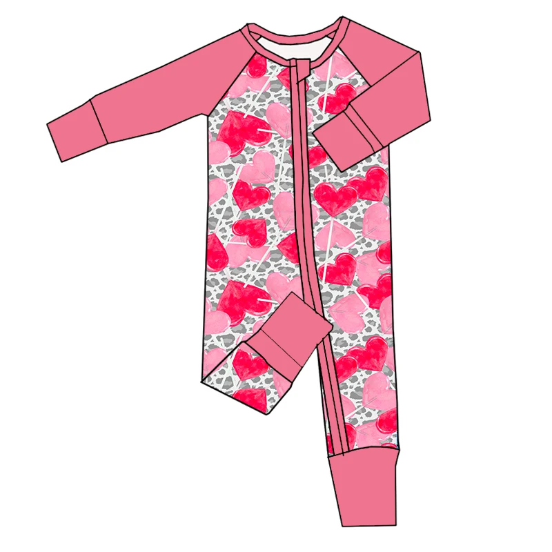 Hot Sale Valentine's Day Bamboo Fabric Long Sleeves Baby Girls Zippy Pajamas Cover Hand and Feet Romper - Image 3