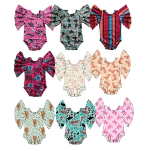 Boutique Flutter Sleeve Romper Milk Silk Fabric Western Pattern Girl Leotards Fashion 0-16 Year Old Kids Clothing