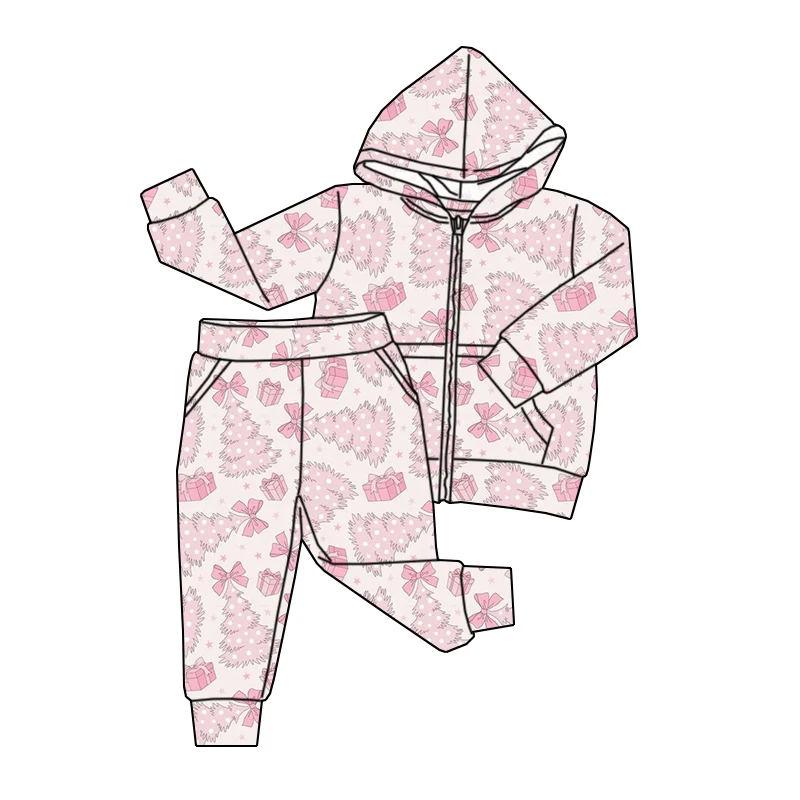 Wholesale custom bamboo fiber baby girl Christmas romper with long sleeves, zippy design, and festive pattern – ready to ship.