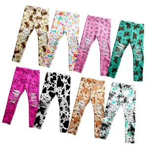 Factory Made Tight Style Custom Print Soft Milk Silk Fabric Girl Distressed Legging Kids Long Pants Autumn Baby Clothes