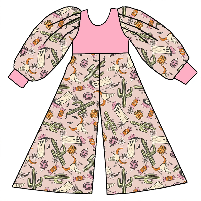 New Arrival Custom Fall Season Girl Clothing Halloween Pumpkin Printed One Piece Long Sleeve Wide Leg Jumpsuit - Image 4