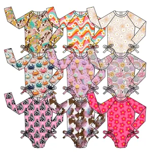 Boutique Kids Clothing 2026 New Summer Back Zipper Custom Printing Matching Bow Ruffles Girls One Piece Swimwear