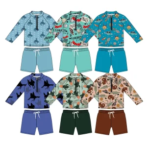 Hot Sale Custom Western Print Swim Sets Long Sleeves Zip-up Tops and Trunks Swimwear Kids Boys 2-Pieces Swimsuit