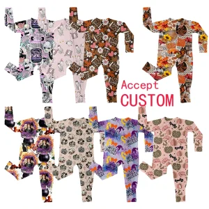 Wholesale Baby Clothing Halloween Fall Children Custom Printed Bamboo Pajamas Baby Long Zippy Romper