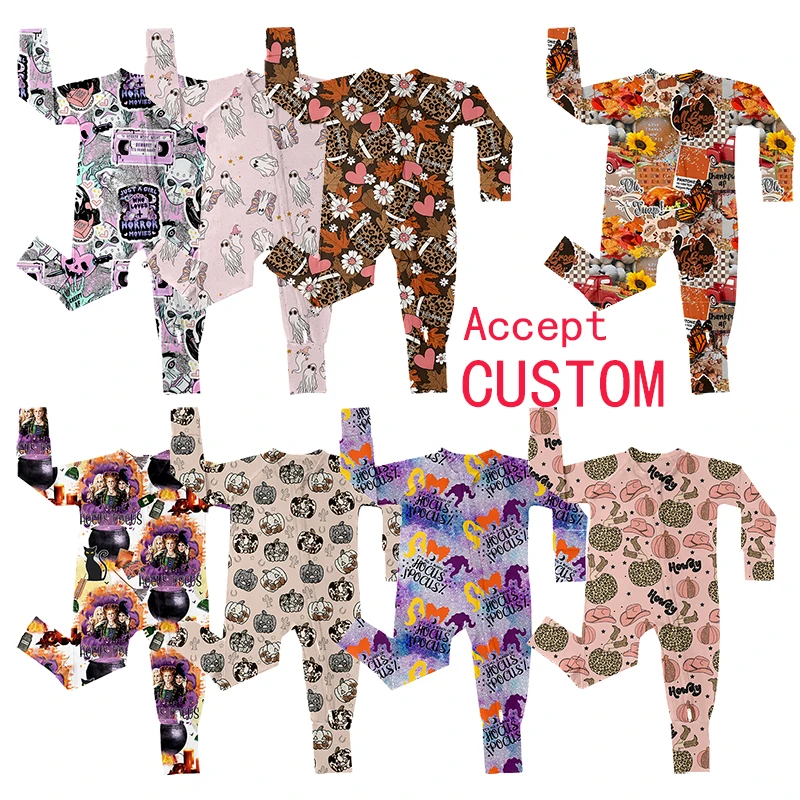 Wholesale Baby Clothing Halloween Fall Children Custom Printed Bamboo Pajamas Baby Long Zippy Romper