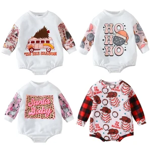 2023 Western Christmas Newborn Baby One Piece Romper Long Sleeve Solid Cuff Round Neck Winter Girl Leotard