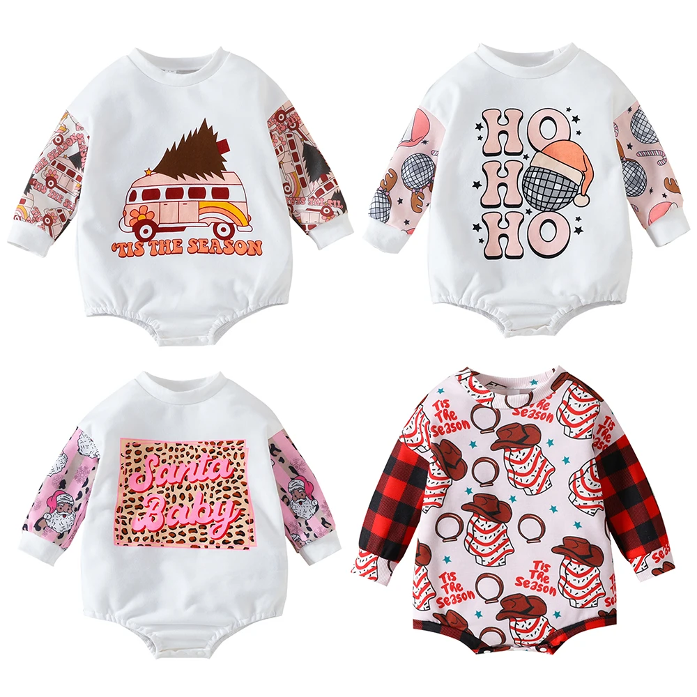 2023 Western Christmas Newborn Baby One Piece Romper Long Sleeve Solid Cuff Round Neck Winter Girl Leotard