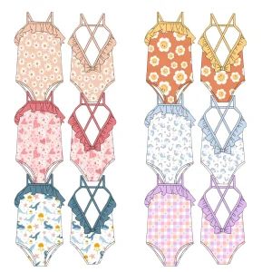 2026 Summer Custom Lace-up One-piece Swimsuit for Baby Girls Beach Pool Children's Boutique Clothing