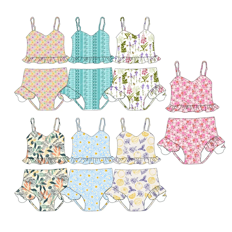 Wholesale Kids Baby Two-Piece Swim Set Custom Printing Summer Bathing Swimsuit Baby Sweet Swimwear with Ruffles