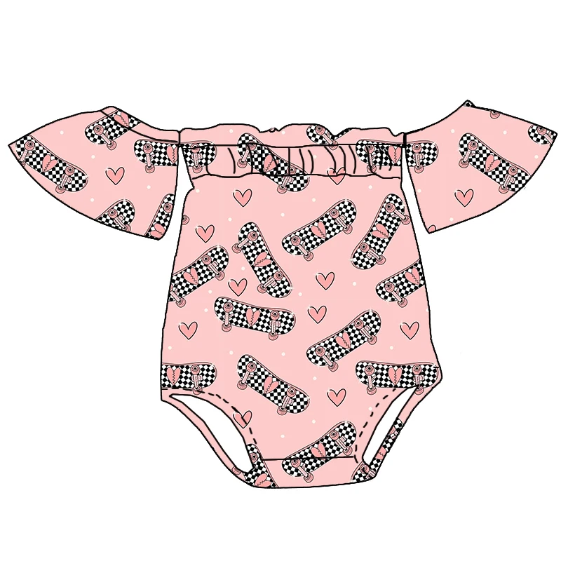 Trendy Boutique Kids Clothing Valentine's Day Heart Custom Printing Baby Girl off Shoulder Romper - Image 6