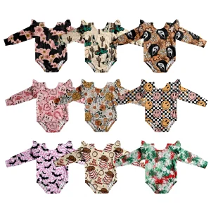 Fall Winter Long Sleeve With Ruffle Girl Leotard Milk Silk Comfortable Fabric Custom Print Newborn Baby Jumpsuit