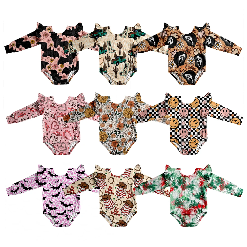 Fall Winter Long Sleeve With Ruffle Girl Leotard Milk Silk Comfortable Fabric Custom Print Newborn Baby Jumpsuit
